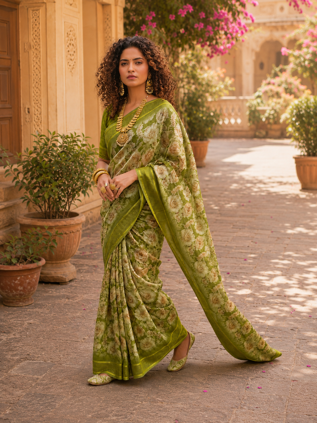 Floral Printed Soft Saree with Elegant Border & Running Blouse Piece