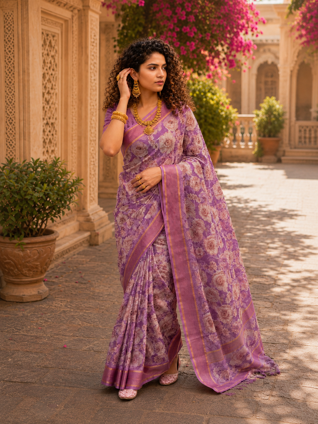 Floral Printed Soft Saree with Elegant Border & Running Blouse Piece