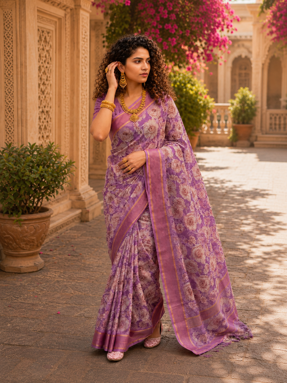 Floral Printed Soft Saree with Elegant Border & Running Blouse Piece