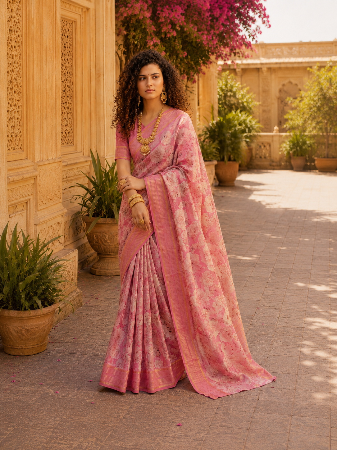 Floral Printed Soft Saree with Elegant Border & Running Blouse Piece