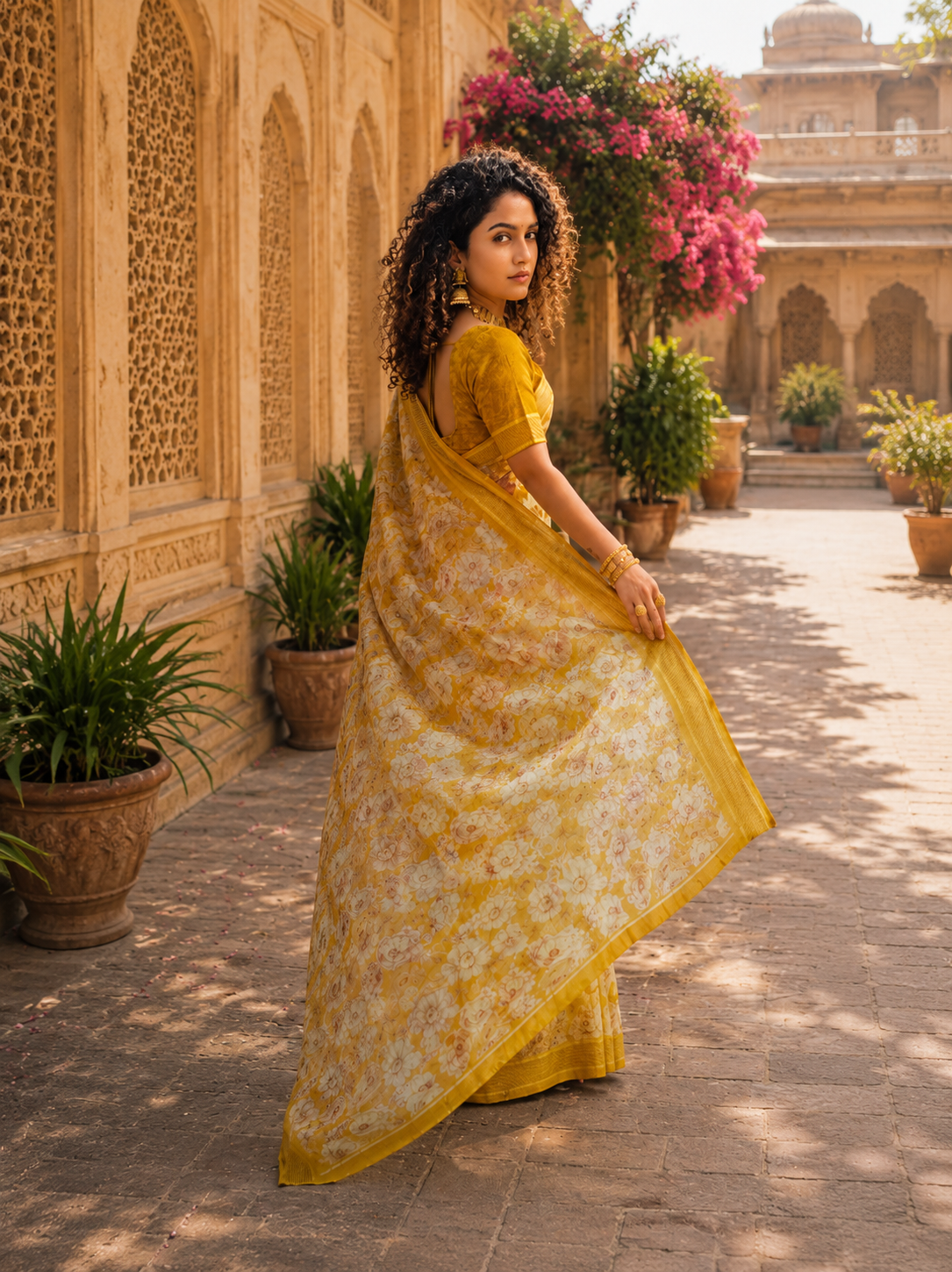 Floral Printed Soft Saree with Elegant Border & Running Blouse Piece