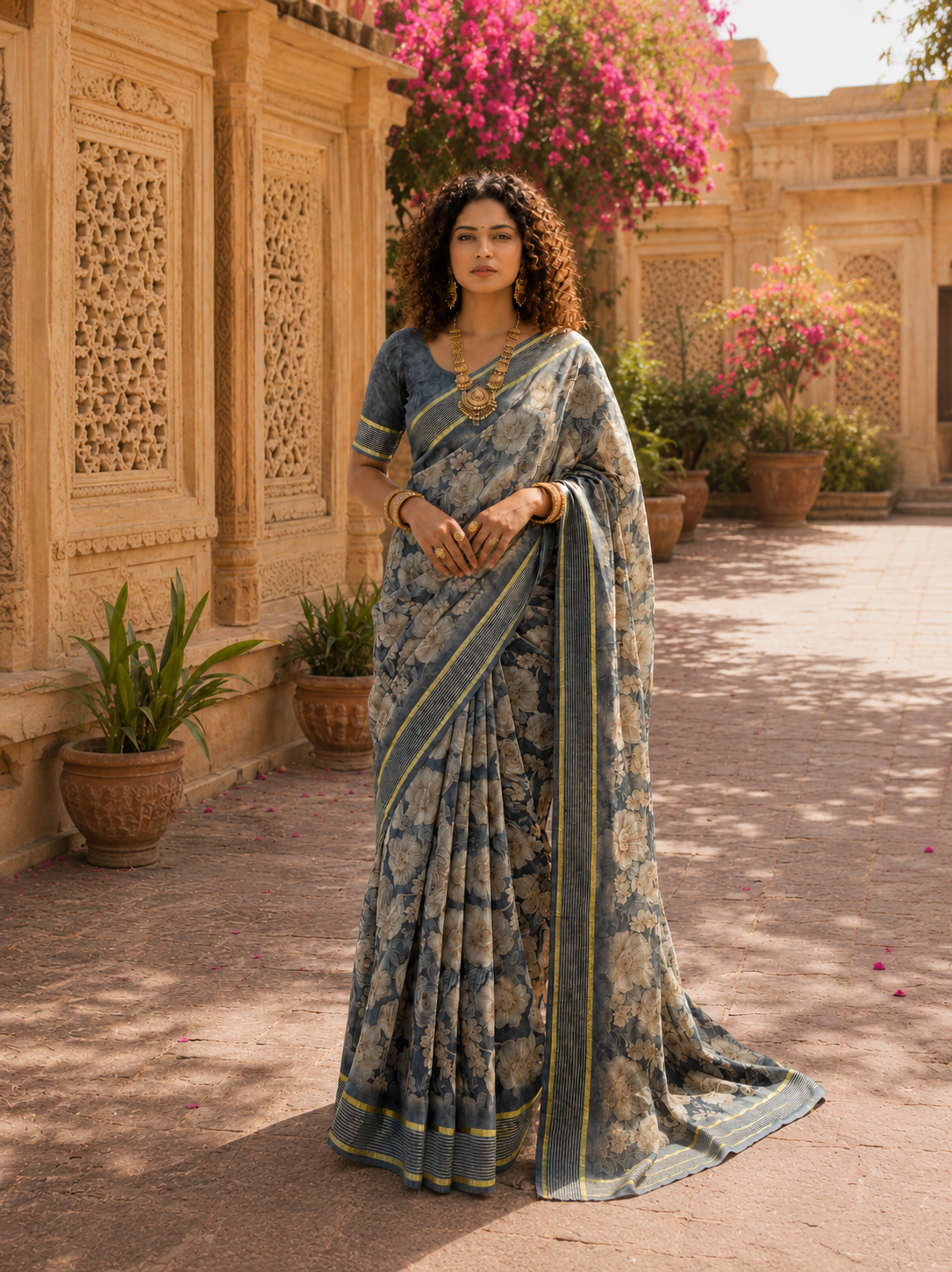 Floral Printed Soft Saree with Elegant Border & Running Blouse Piece