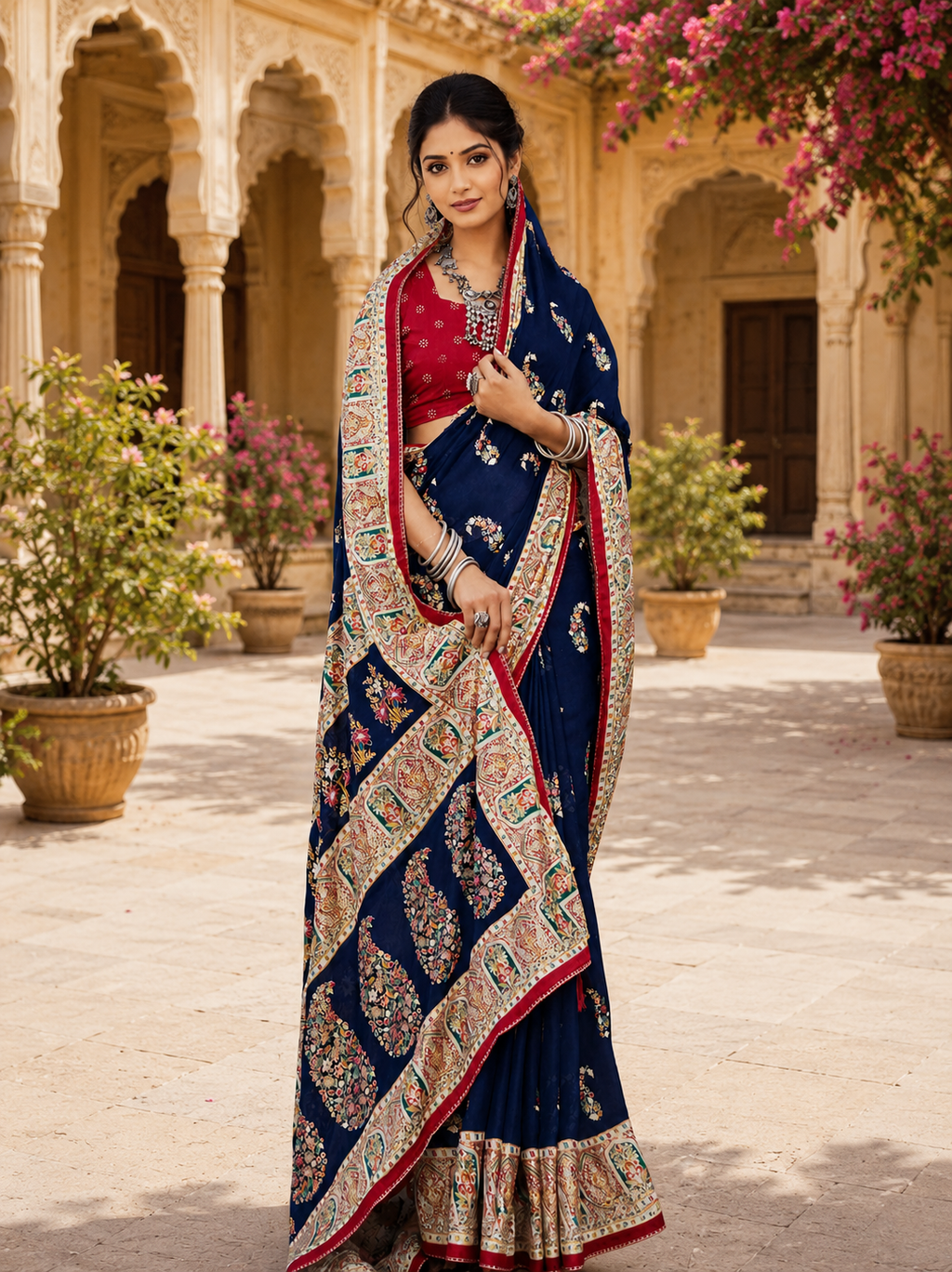Elegant Printed Designer Saree with Traditional Floral Border & Blouse Piece