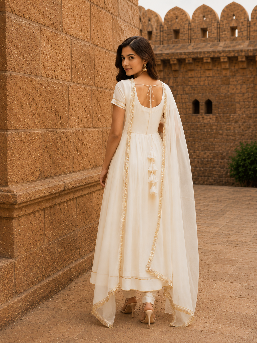 Ivory White Anarkali Suit Set with Golden Lace Detailing & Dupatta