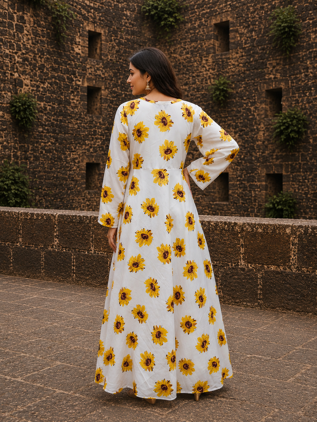 Sunflower Print White Anarkali Dress for Women | Floral A-Line Maxi Dress