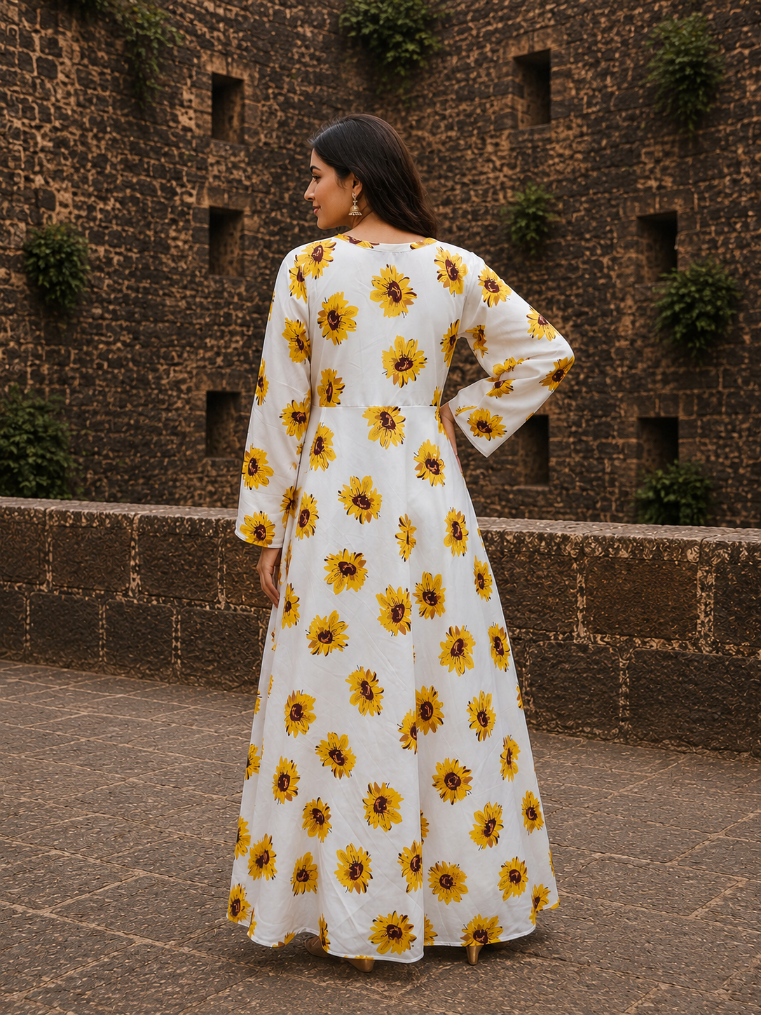 Sunflower Print White Anarkali Dress for Women | Floral A-Line Maxi Dress