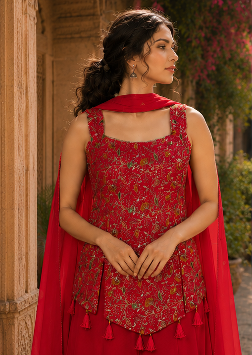 Crimson Bloom Embroidered Peplum Sharara Set with Dupatta
