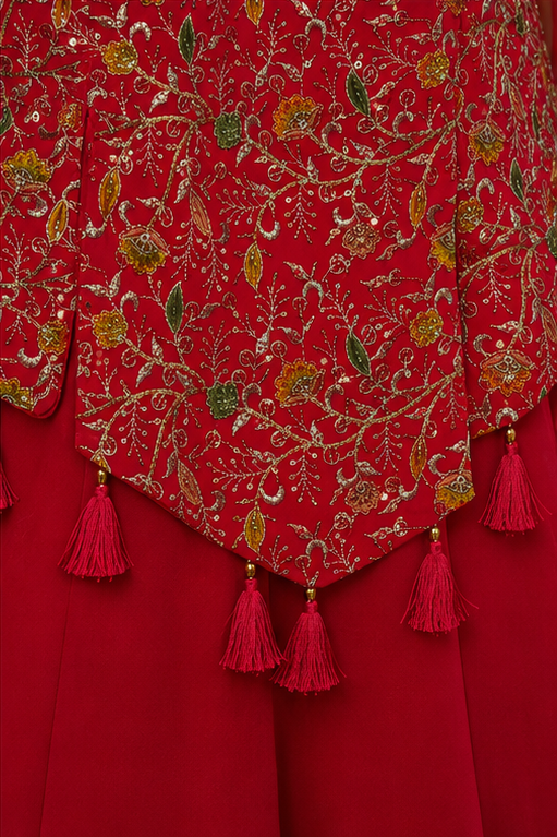 Crimson Bloom Embroidered Peplum Sharara Set with Dupatta
