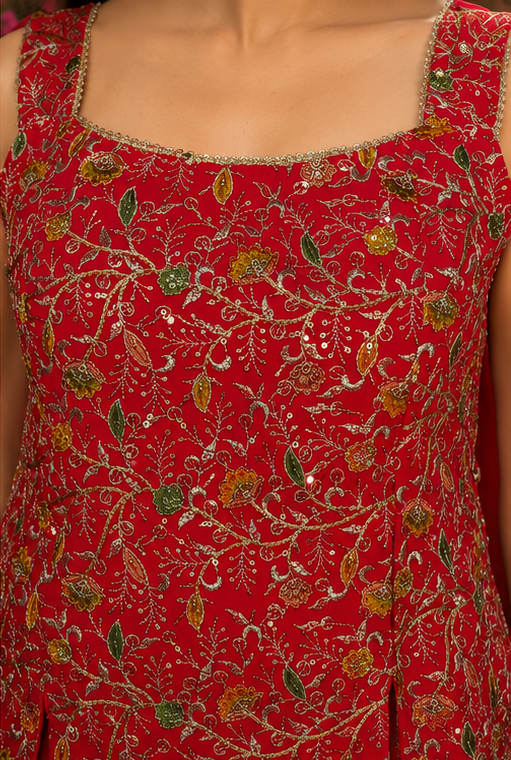 Crimson Bloom Embroidered Peplum Sharara Set with Dupatta