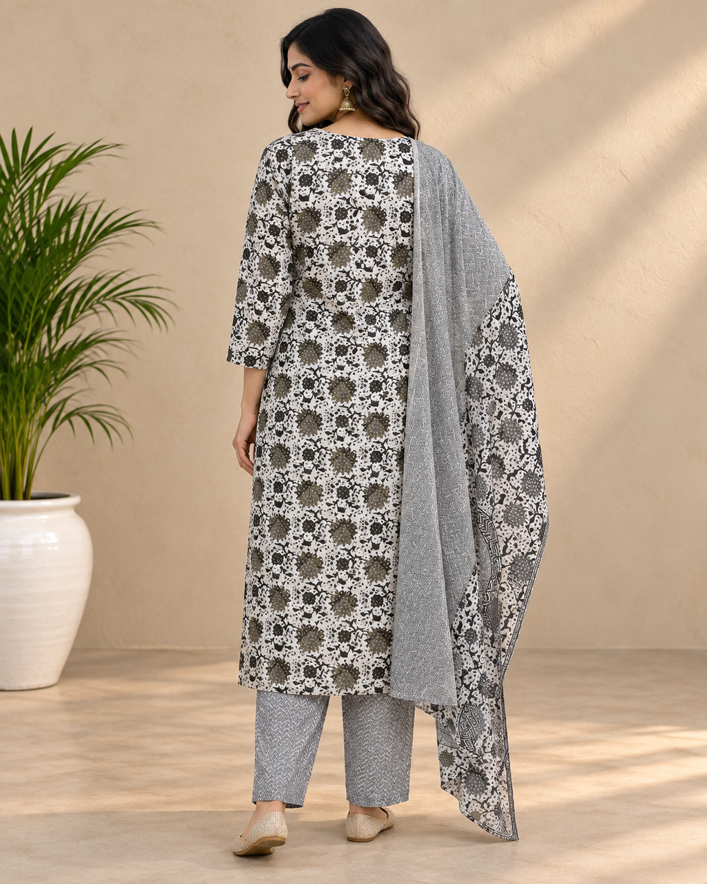 Kaasho White & Grey Floral Print Cotton Afghani Suit Set
