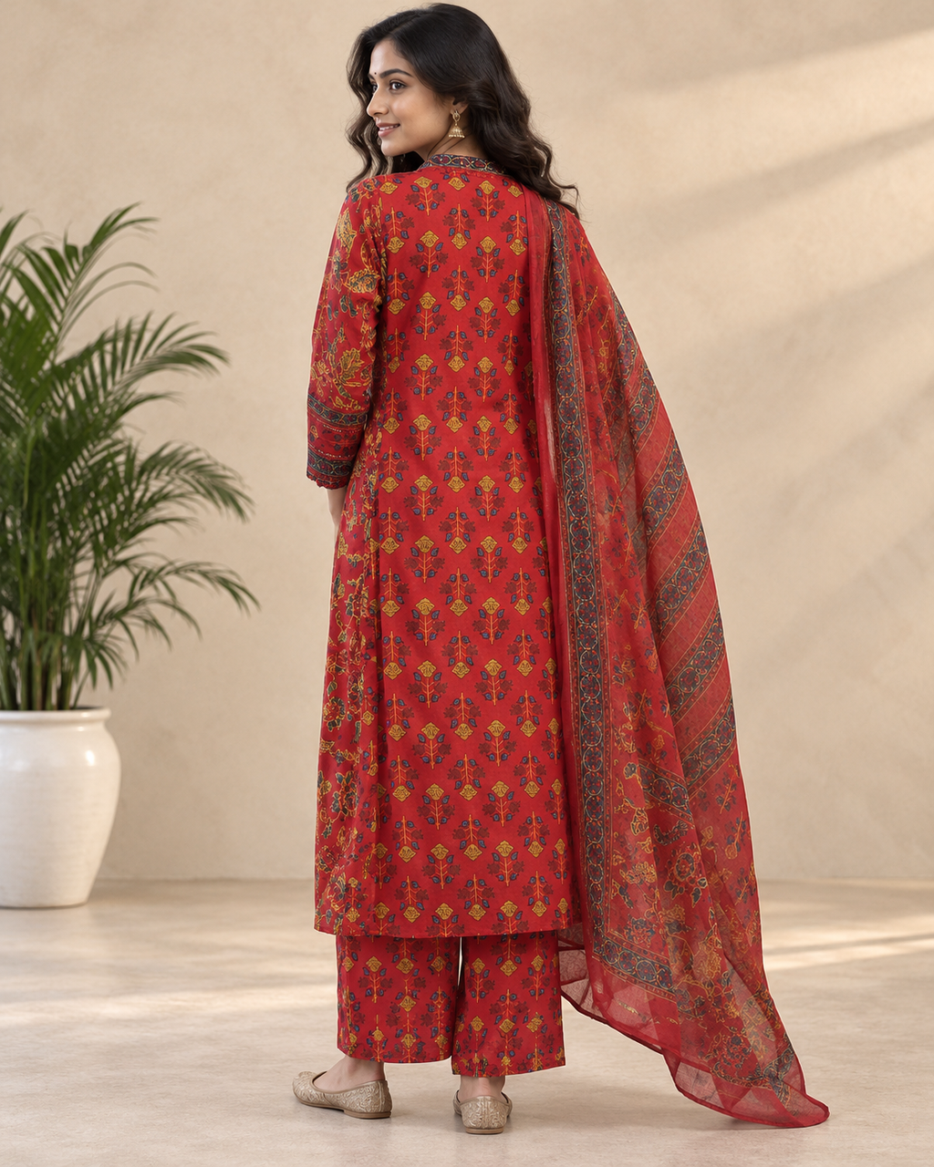 Kaasho Red Floral Block Print Afghani Suit Set with Mirror Work