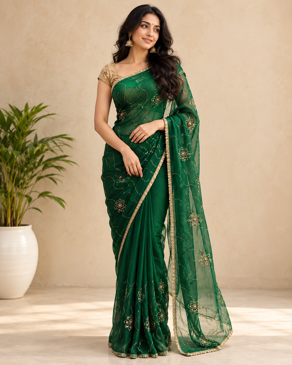 Kaasho Premium Chiffon Saree with Golden Work & Cutwork Border
