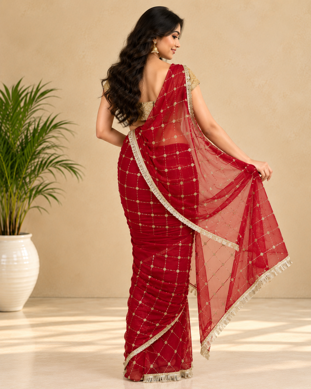 Kaasho Designer Georgette Checks Jaal Work Saree with Golden Lace Border