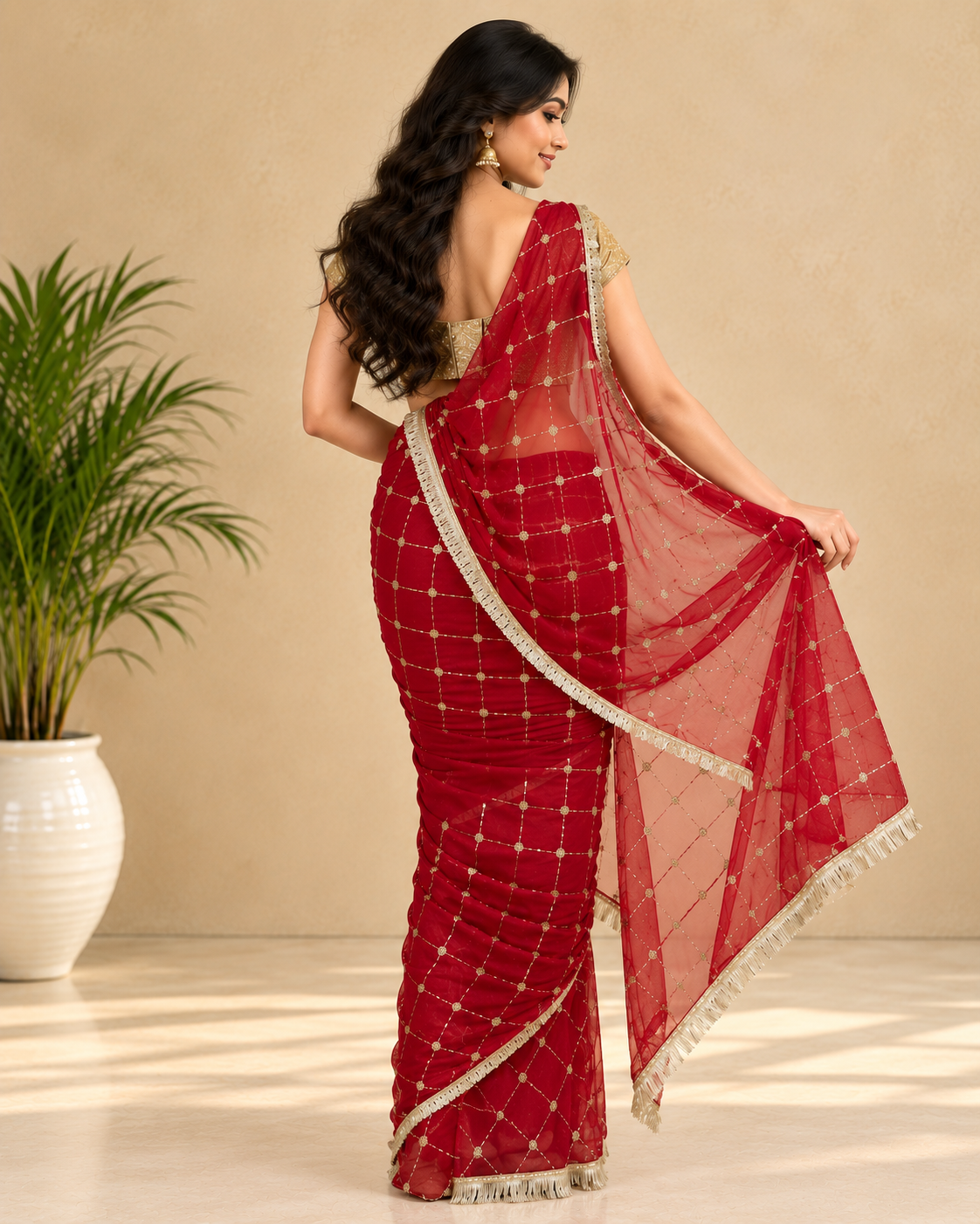 Kaasho Designer Georgette Checks Jaal Work Saree with Golden Lace Border
