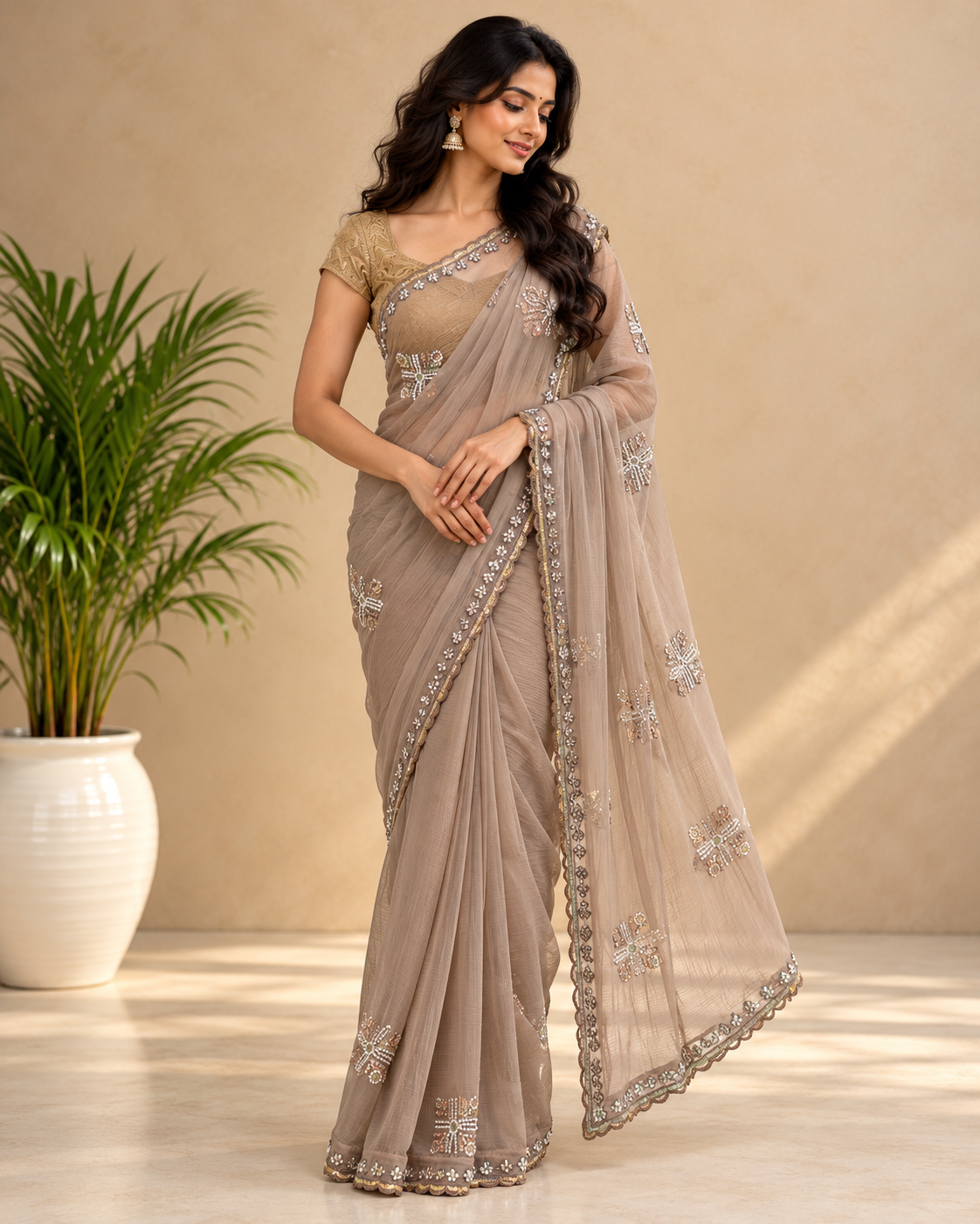 Kaasho Premium Beige Pink Chiffon Handwork Saree with Designer Blouse