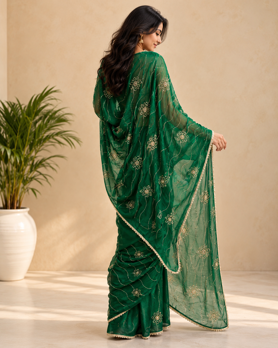 Kaasho Premium Chiffon Saree with Golden Work & Cutwork Border