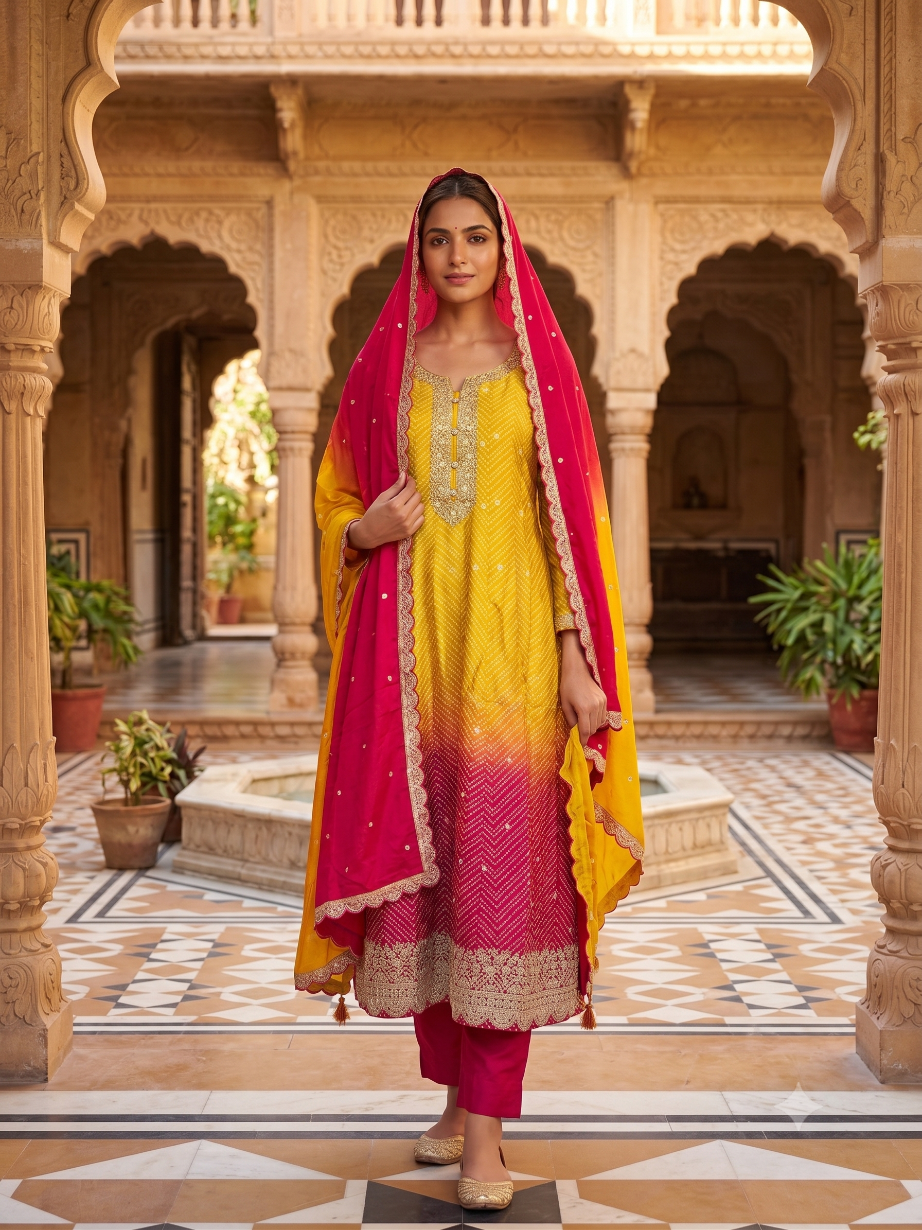Sunshine Yellow Ombre Embroidered Suit Set