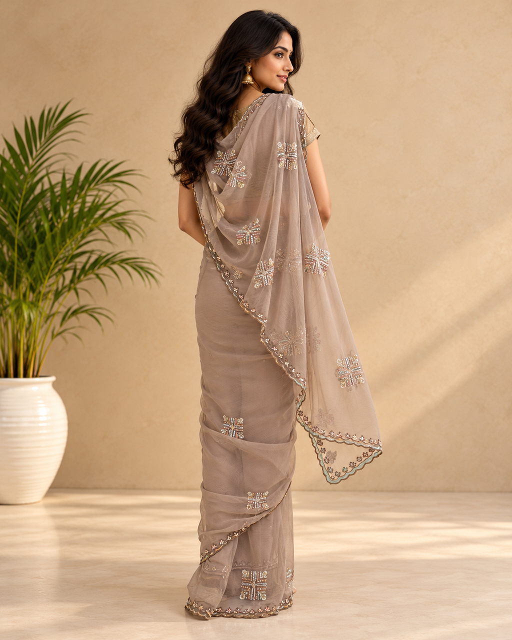 Kaasho Premium Beige Pink Chiffon Handwork Saree with Designer Blouse
