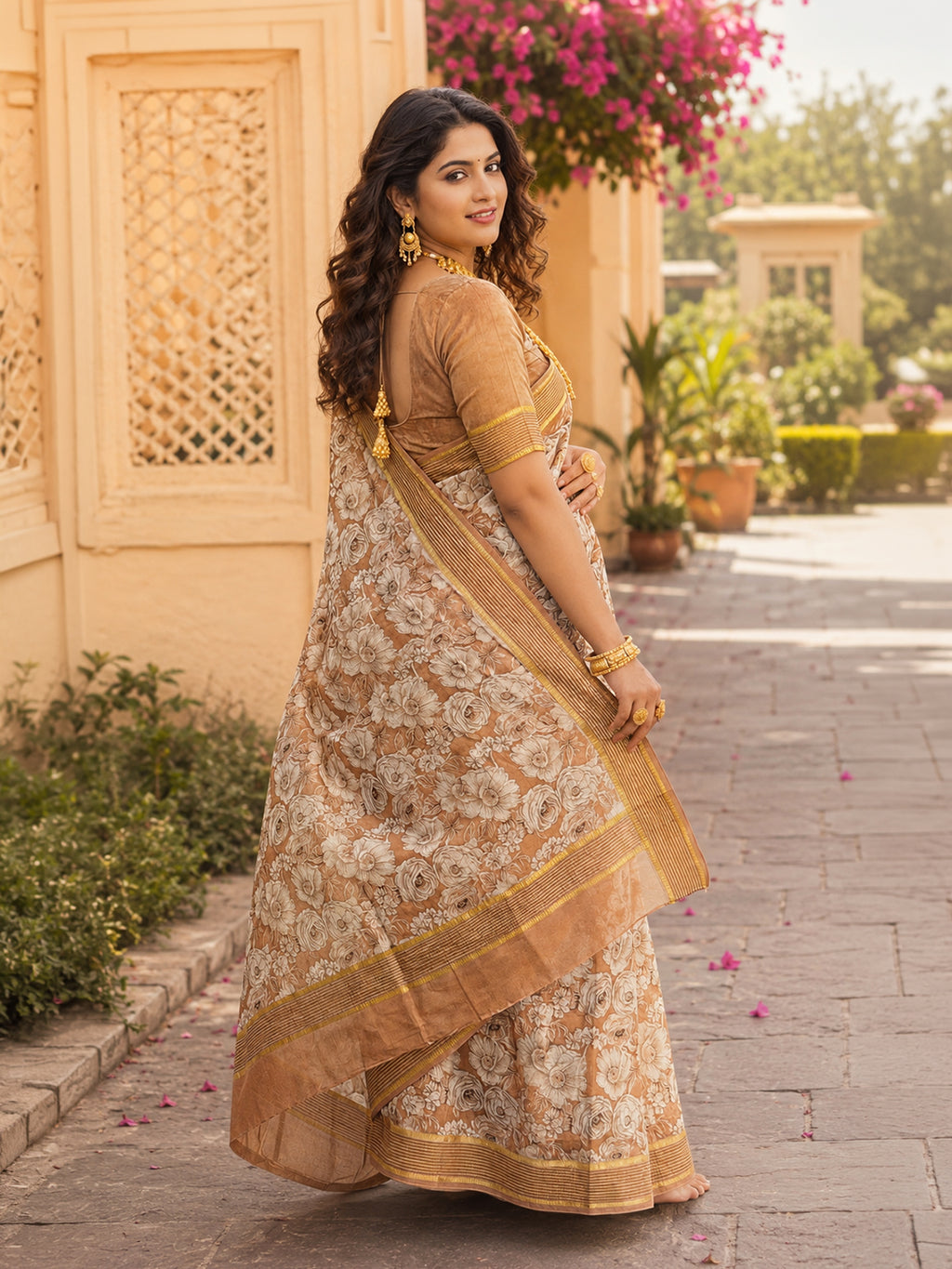 Floral Printed Soft Saree with Elegant Border & Running Blouse Piece