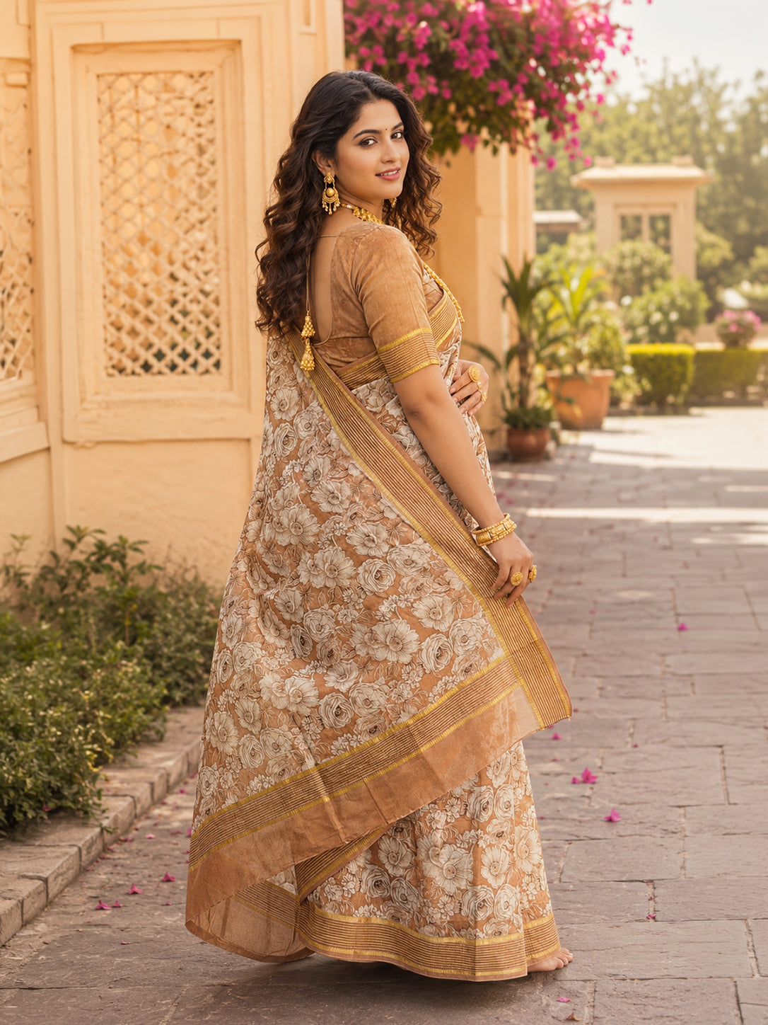 Floral Printed Soft Saree with Elegant Border & Running Blouse Piece
