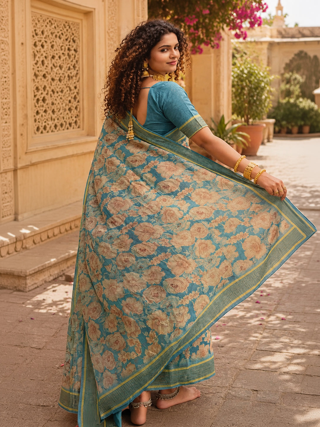 Floral Printed Soft Saree with Elegant Border & Running Blouse Piece