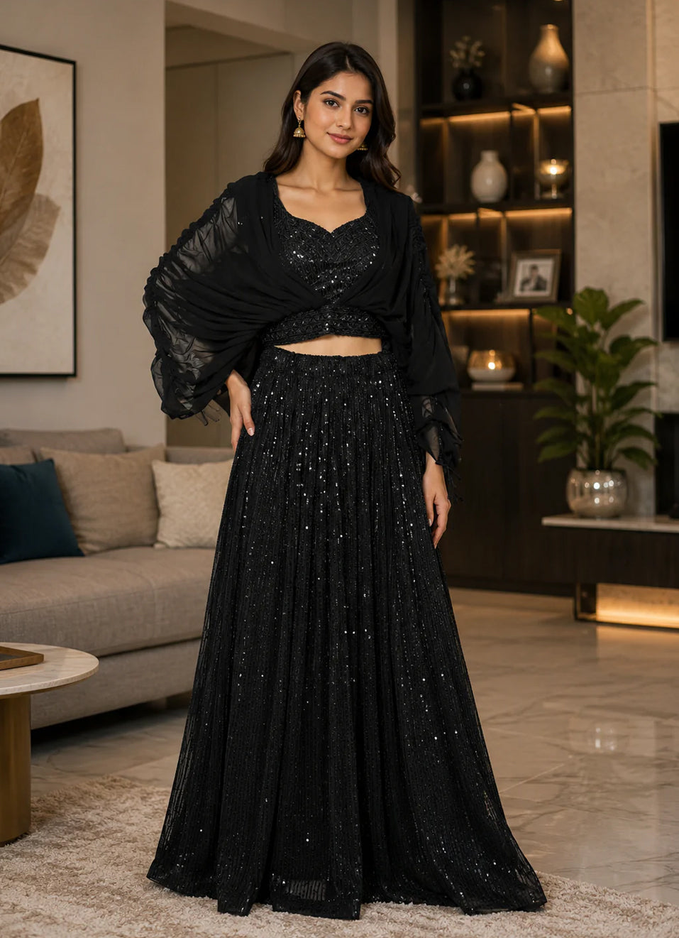 Midnight Black Sequined Lehenga Set with Draped Cape Sleeves